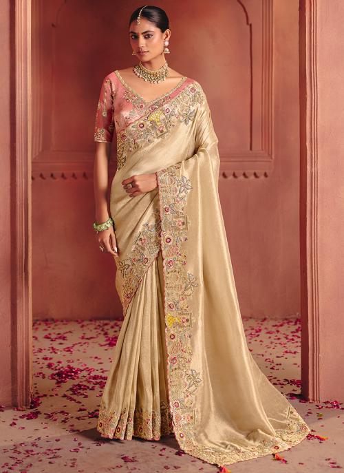 Yellow Pure Smooth Zari Silk Embroidery Work Wedding Wear Saree