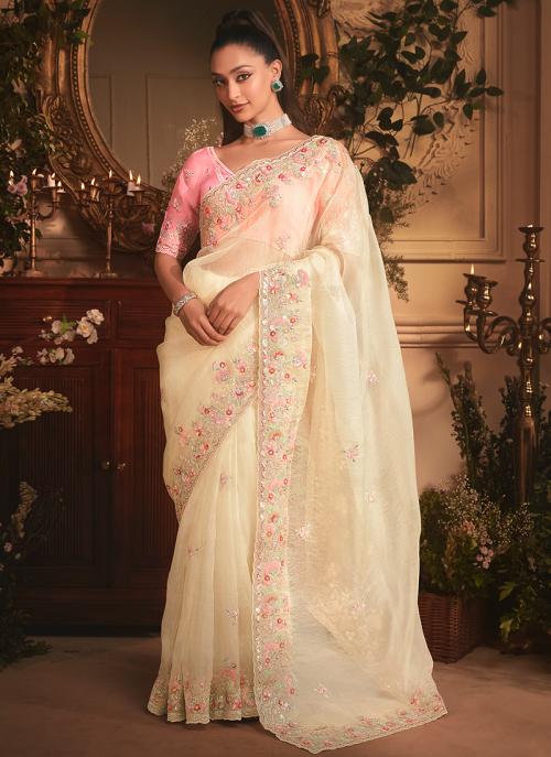 Premium Pink Organza Embroidery Work Occasional Wear Saree- Available in Multiple Colors