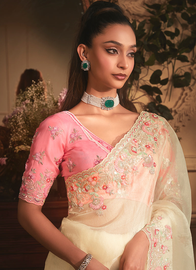 Premium Pink Organza Embroidery Work Occasional Wear Saree- Available in Multiple Colors