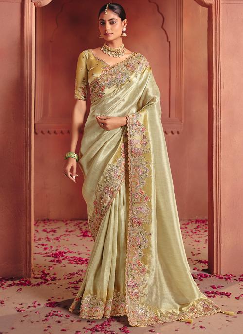 Yellow Pure Smooth Zari Silk Embroidery Work Wedding Wear Saree