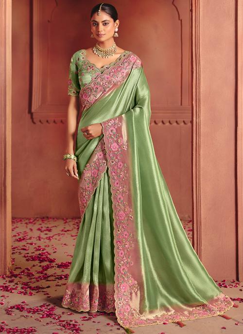 Yellow Pure Smooth Zari Silk Embroidery Work Wedding Wear Saree
