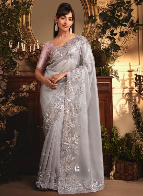 Premium Pink Organza Embroidery Work Occasional Wear Saree- Available in Multiple Colors