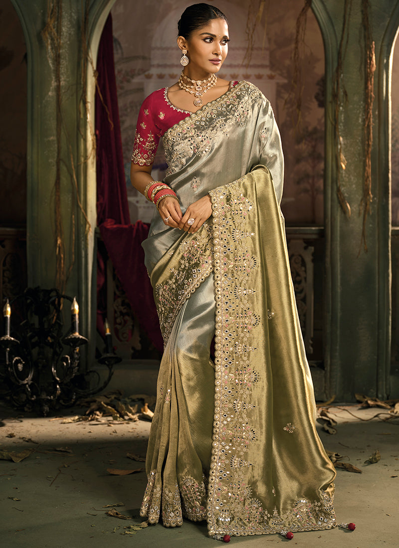 Silk Multi Color Wedding Wear Embroidery Work Saree