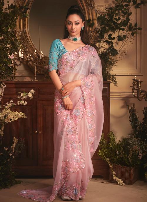 Premium Pink Organza Embroidery Work Occasional Wear Saree- Available in Multiple Colors