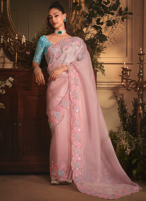 Premium Pink Organza Embroidery Work Occasional Wear Saree- Available in Multiple Colors