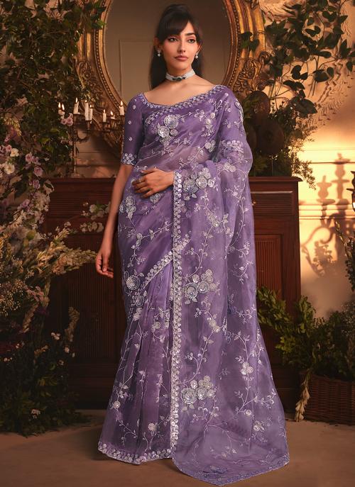 Premium Pink Organza Embroidery Work Occasional Wear Saree- Available in Multiple Colors