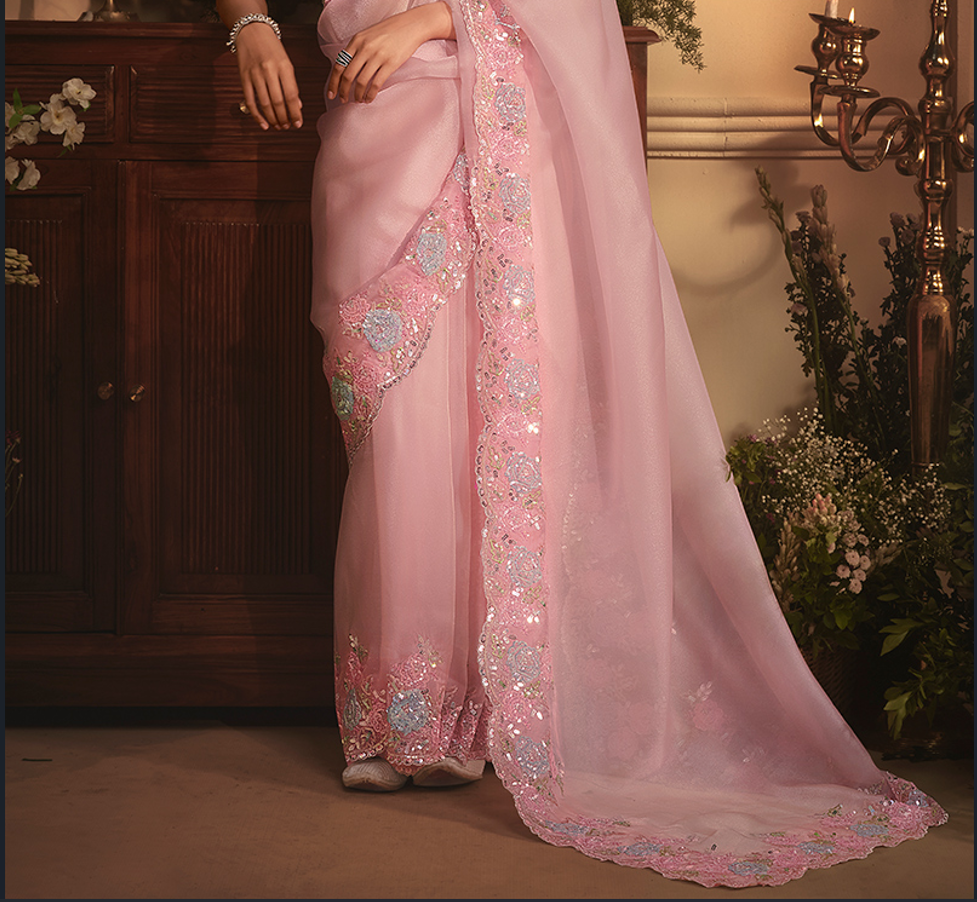 Premium Pink Organza Embroidery Work Occasional Wear Saree- Available in Multiple Colors
