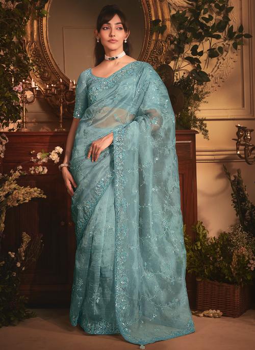 Premium Pink Organza Embroidery Work Occasional Wear Saree- Available in Multiple Colors