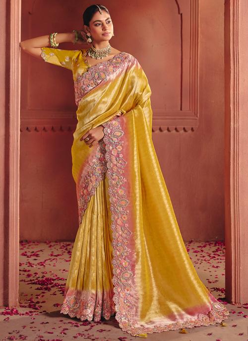 Yellow Pure Smooth Zari Silk Embroidery Work Wedding Wear Saree