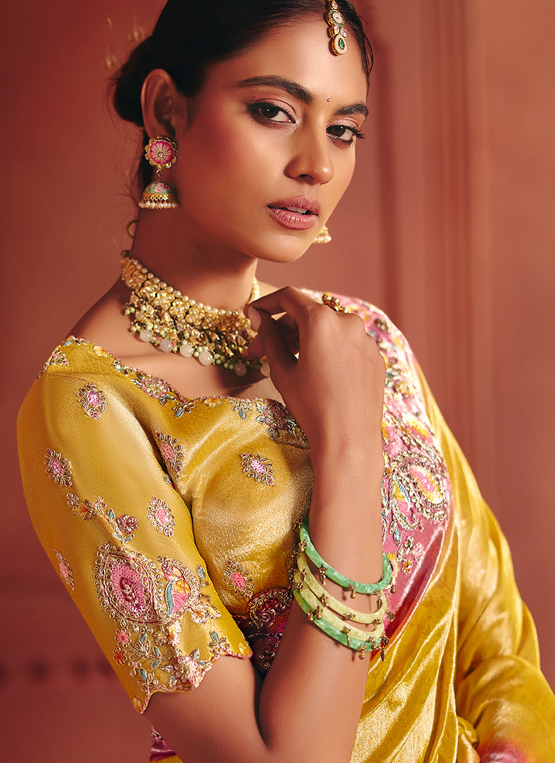 Yellow Pure Smooth Zari Silk Embroidery Work Wedding Wear Saree